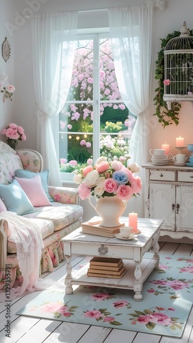 Spring shabby chic living room with a plush, floral-patterned sofa with pastel pink and light blue cushions and a delicate lace throw.