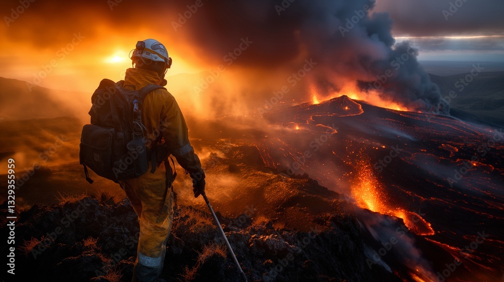 a volcanologist in protective gear stands on the edge of a volcanic ridge, observing a powerful eruption with molten lava flowing down the slopes. thick smoke and ash rise into the sky as the setting a volcanologist in protective gear stands on the edge of a volcanic ridge, observing a powerful eruption with molten lava flowing down the slopes. thick smoke and ash rise into the sky as the setting