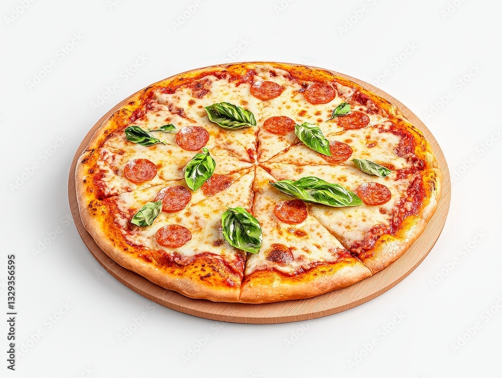 A delicious pepperoni pizza topped with fresh basil, served on a wooden board against a clean white background. A delicious pepperoni pizza topped with fresh basil, served on a wooden board against a clean white background.