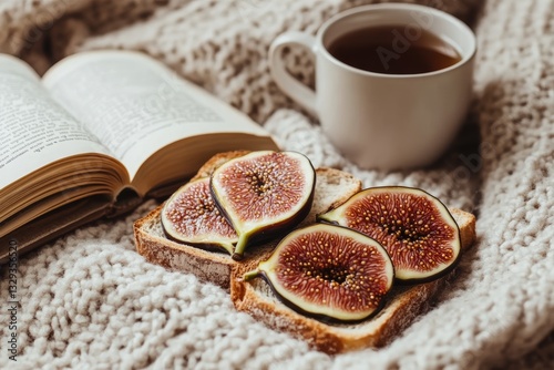 Cozy breakfast scene with fresh figs on toast and book