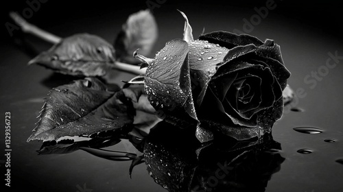 A Monochrome Rose With Water Droplets For Dramatic, Floral Themes.