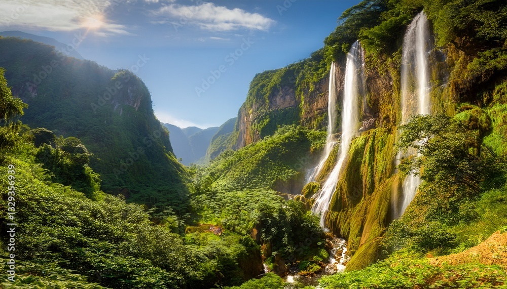 Fototapeta premium A peaceful valley where waterfalls flow upwards into the sky, defying gravity in a mesmerizing, dreamlike display surrounded by mist and lush greenery. 
