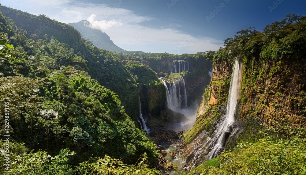 Fototapeta premium A peaceful valley where waterfalls flow upwards into the sky, defying gravity in a mesmerizing, dreamlike display surrounded by mist and lush greenery. 