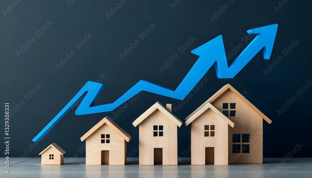 The graph of the house is rising and has a blue arrow with copy space The graph of the house is rising and has a blue arrow with copy space