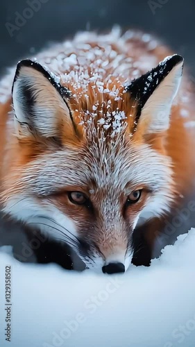 A lone Arctic fox digging in the snow for food