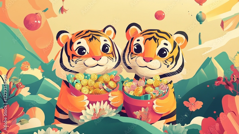 a flat, festive illustration of two playful tigers a flat, festive illustration of two playful tigers