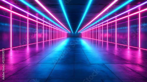 A tunnel illuminated with neon lights featuring affine transformations of vectors creating a modern and dynamic urban experience.