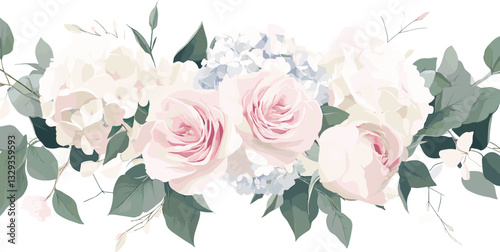 Dusty pink and cream rose, peony, hydrangea flower, tropical leaves vector garland. Dusty pink and cream rose, peony, hydrangea flower, tropical leaves vector garland wedding bouquet