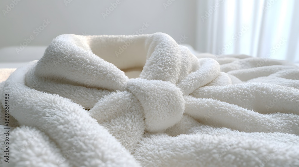 Plush white bathrobe with soft terry cloth texture and elegant shawl collar design. Comfortable loungewear features tie belt and cozy spa-like quality, photographed against clean white background. Plush white bathrobe with soft terry cloth texture and elegant shawl collar design. Comfortable loungewear features tie belt and cozy spa-like quality, photographed against clean white background.