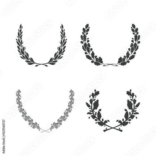 Set of vector black and white circular foliate wreaths for award achievement heraldry and nobility