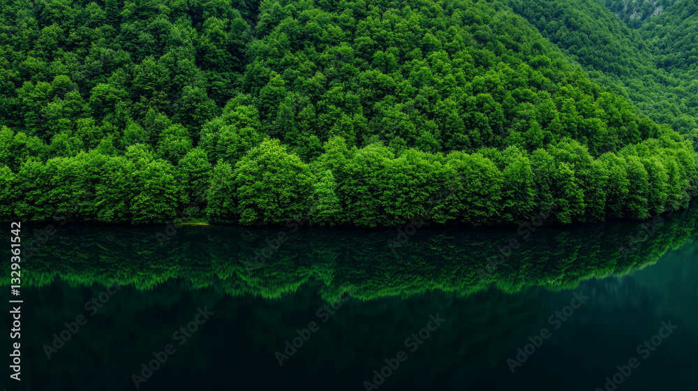 Lush green forest reflecting on tranquil lake surface in serene nature setting Lush green forest reflecting on tranquil lake surface in serene nature setting