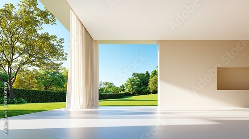 Modern minimalist interior with large window and green lawn view
