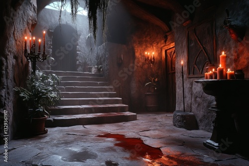 A gothic-style depiction of a toppled candelabra in a dimly lit mansion, with dripping wax and dramatic shadows cast on stone walls