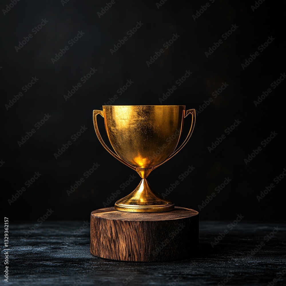 A shiny gold trophy elegantly positioned on a wooden pedestal highlighting achievement and success A shiny gold trophy elegantly positioned on a wooden pedestal highlighting achievement and success