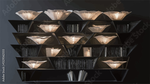 The image shows a modern wall-mounted light fixture. The sconce is composed of a series of stacked, dark-colored triangular shelves or compartments. Each compartment contains a softly illuminated,