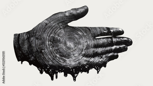 A close-up, black and white image of a hand depicted in a grunge style. The hand is heavily coated in a dark, viscous substance that appears to be dripping from the fingers. The texture is rough
