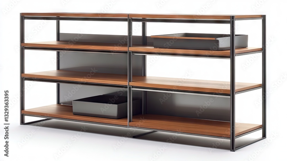 Statement open wardrobe with a mix of metal, glass, and wood elements, exuding contemporary style Statement open wardrobe with a mix of metal, glass, and wood elements, exuding contemporary style
