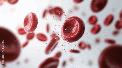 A digitally rendered microscopic close-up of numerous red blood cells suspended in a bright, off-white background. The red blood cells are depicted in various orientations, displaying their