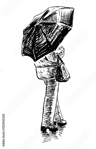 Sketch of one casual city woman standing under umbrella in raining, vector hand drawn illustration isolated on white