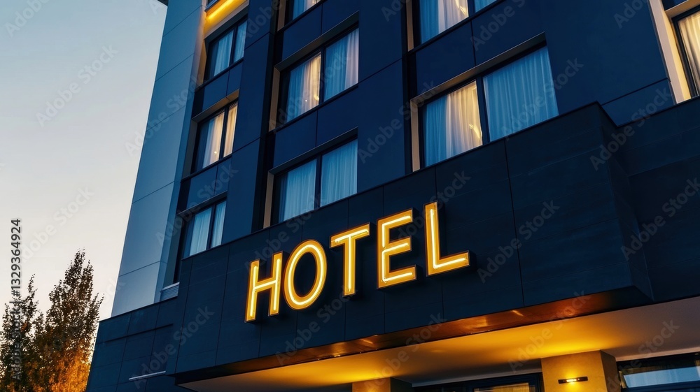 Fototapeta premium Book hotel and plan travel. Modern hotel exterior with illuminated signage during twilight.