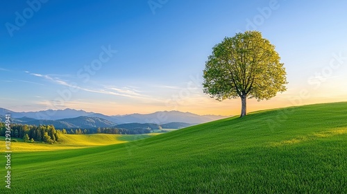 Lone tree on a vibrant green hill at sunrise