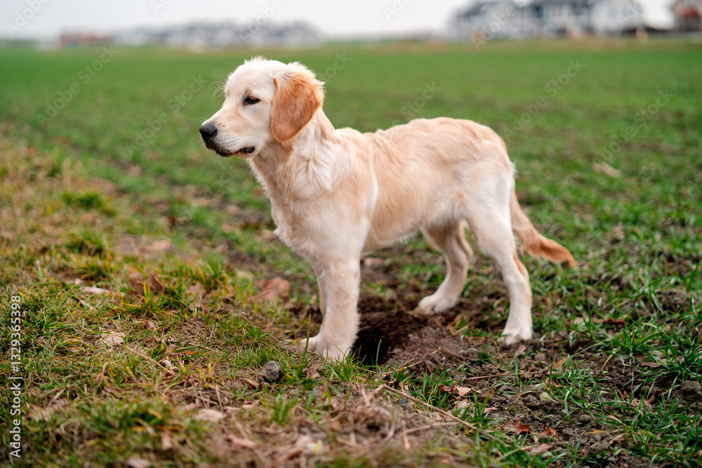 Adorable Golden Retriever dog outdoors. Young purebred dog in a field. Adorable Golden Retriever dog outdoors. Young purebred dog in a field.
