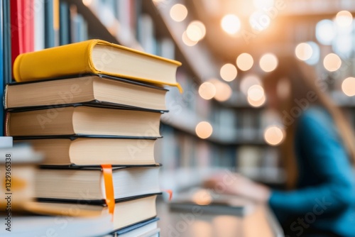 A knocked-over stack of books in a library, with a person crouching to pick them up and apologizing to a librarian