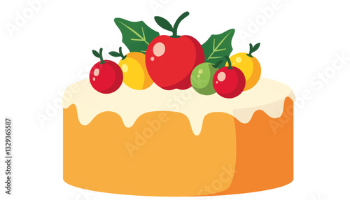 Colorful fruitcake illustration with geometric fruits, festive design