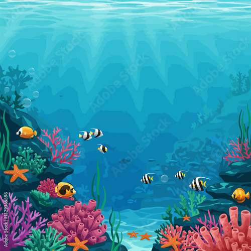 Exploring Colorful Coral Reef with Tropical Fish in a Blue Ocean