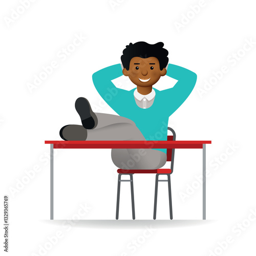 Cheeky african man in business suit posing. Put feet on table.