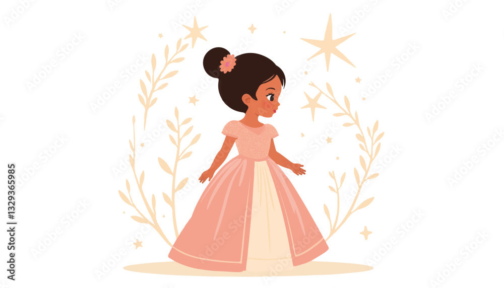 Joyful child in elegant gown under festive decorations, celebration Joyful child in elegant gown under festive decorations, celebration