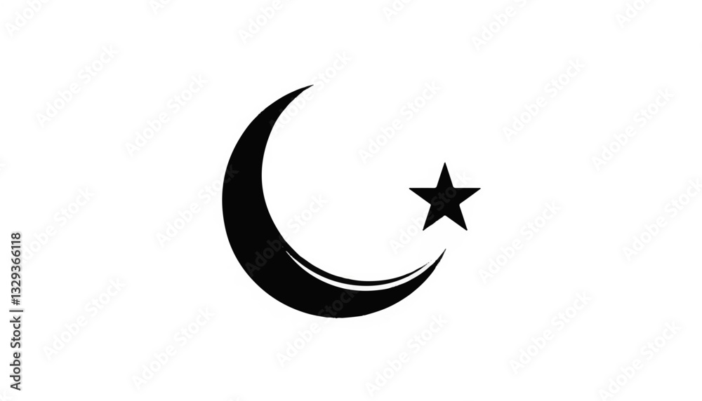 Geometric crescent moon and star illustration on white background, symbolism Geometric crescent moon and star illustration on white background, symbolism