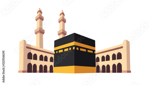 Illustration of the Kaaba with geometric minarets, spiritual symbolism