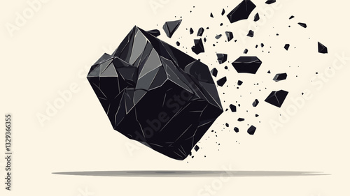 The image is a digital illustration depicting a dark grey or black cube in the process of exploding.  The cube is centrally located, with numerous smaller, irregularly shaped fragments flying