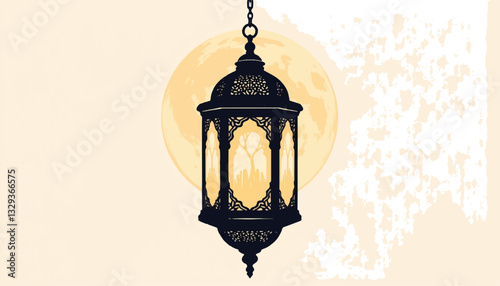 Vintage ornate lantern illuminating moonlit background, serene ambiance