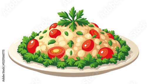 Traditional tabbouleh salad illustration on white background, healthy eating