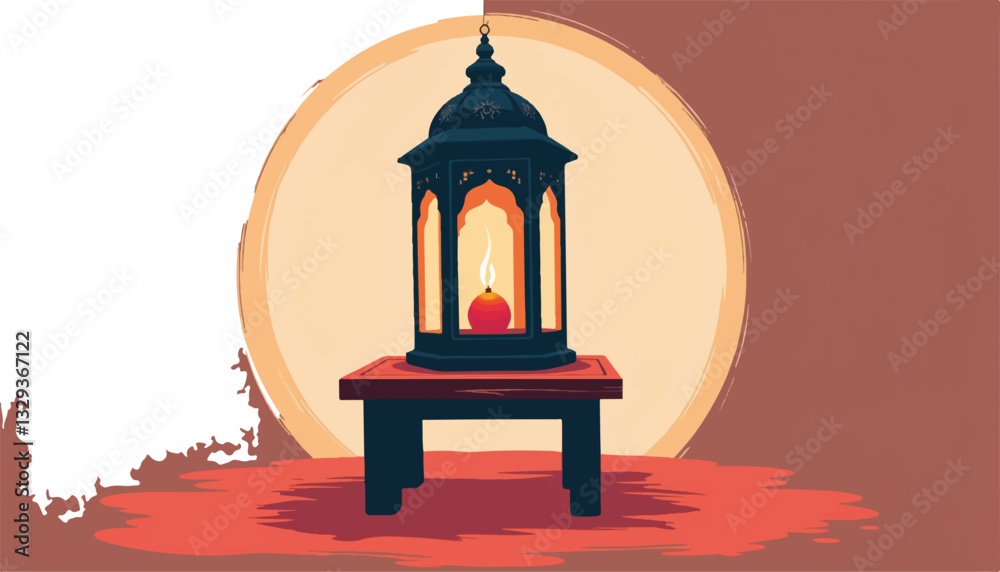 Fototapeta premium Traditional Eid lantern glowing on geometric table, festive symbolism
