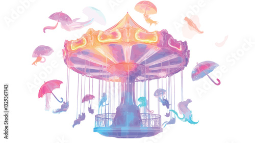 Digital illustration depicting a carousel rendered in pastel shades of pink, purple, orange, and yellow. The carousel has a classical design with a central structure and hanging seats.  Surrounding