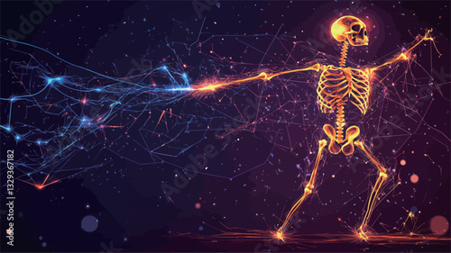 A digital illustration depicting a stylized skeleton figure in a dynamic pose, appearing to dance or perform. The skeleton is rendered with glowing, orange and warm-toned lines, giving it a