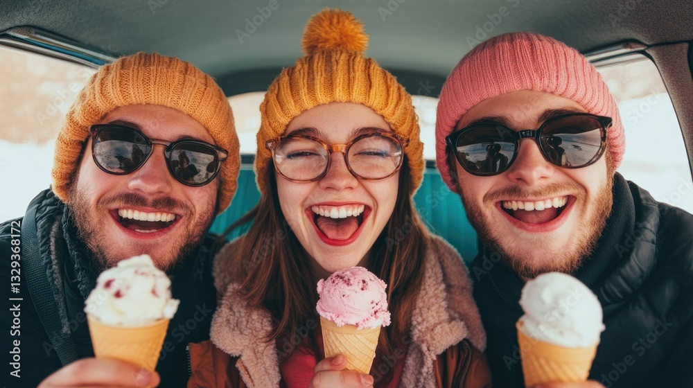 Obraz premium A group of friends laughing smiling and indulging in ice cream treats together during a fun and casual car ride capturing a moment of pure joy camaraderie and lighthearted adventure