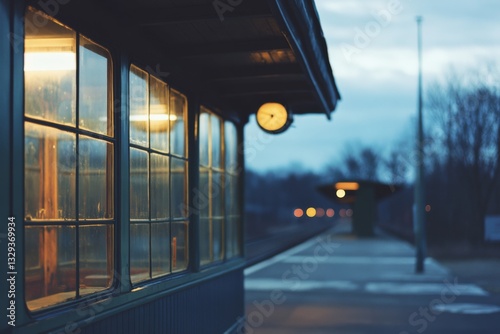 An empty train station platform at dusk features softly glowing lamps, casting warm light through vintage windows onto a quiet scene.