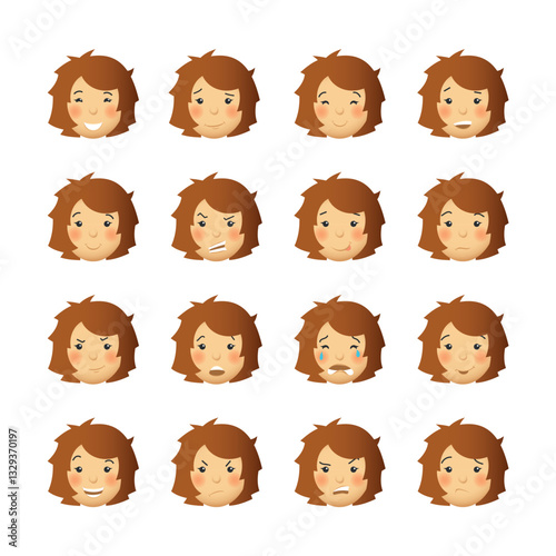Woman heads with rosy cheeks. Vector avatars and emoticons set.