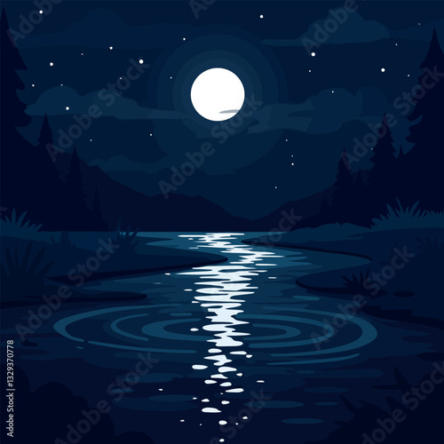River Under Moonlight Night Sky with Star Reflection and Trees