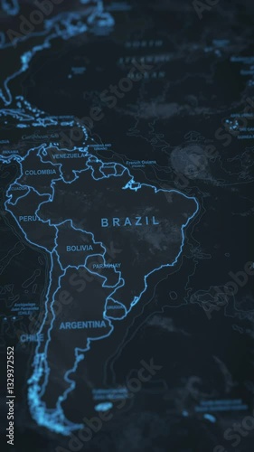 World map animation. Camera zooming in into South America continent, focusing in Brazil. 2d animation.