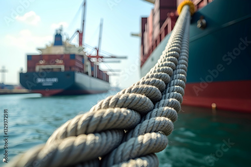 A close-up view of a thick rope securing a cargo ship, with another vessel in the background, showcasing maritime activity in a busy port.