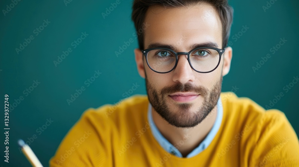 Portrait of a focused Caucasian man taking notes on a laptop during an important corporate meeting with a whiteboard and other office elements in the background Portrait of a focused Caucasian man taking notes on a laptop during an important corporate meeting with a whiteboard and other office elements in the background