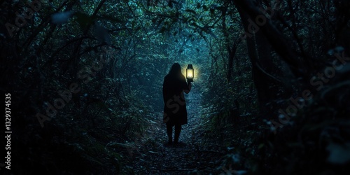 A silhouette of a person holding a lantern walking through a dense, shadowy forest