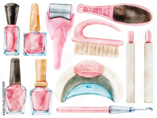 Watercolor Nail Salon Illustration Set, Hand Paint, Realistic, Manicure, Pedicure, Nail Polish, UV Lamp, Foot File, Callus Remover, Nail Buffer, Cuticle Pusher, Beauty Tool, Spa, Cosmetic Accessory