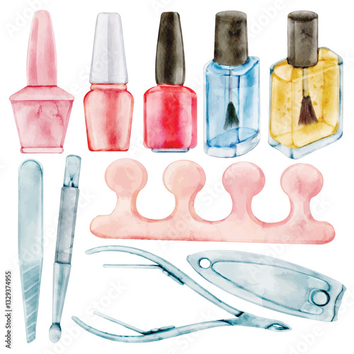 Watercolor Nail Care Illustration Set, Hand Paint, Realistic, Manicure, Pedicure, Nail Polish, Nail File, Cuticle Nipper, Toe Separator, Beauty Tool, Self Care, Salon Equipment, Cosmetic Accessory