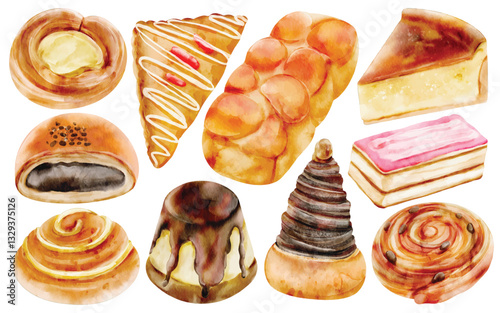 Watercolor Pastry and Bread Illustration Set, Hand Paint, Realistic, Bakery, Sweet Food, Danish Pastry, Chocolate Roll, Cinnamon Roll, Puff Pastry, Cream Tart, Custard Bread, Layer Cake, Gourmet